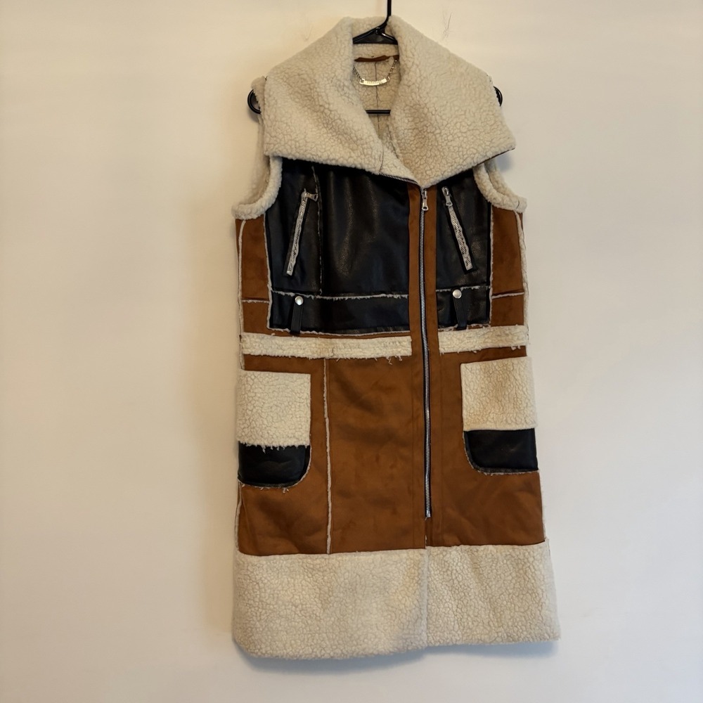 Paparazzi by Biz Sherpa Long Shearling Faux Suede Zip Vest Boho Western S